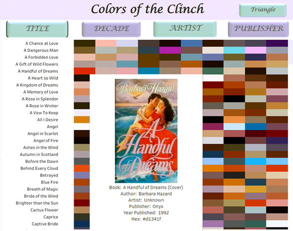 A closeup showing the book cover from A Handful of Dreams by Barbara Hazard against the backdrop of the color bar chart.